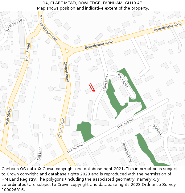 14, CLARE MEAD, ROWLEDGE, FARNHAM, GU10 4BJ: Location map and indicative extent of plot