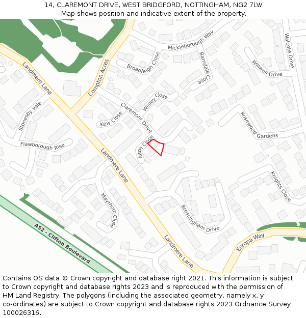 14, CLAREMONT DRIVE, WEST BRIDGFORD, NOTTINGHAM, NG2 7LW: Location map and indicative extent of plot