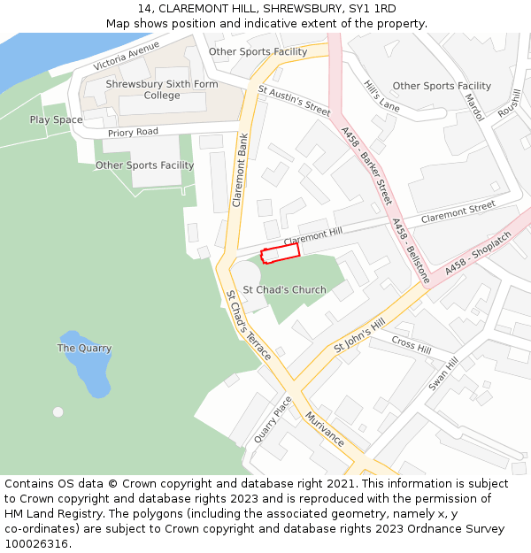 14, CLAREMONT HILL, SHREWSBURY, SY1 1RD: Location map and indicative extent of plot