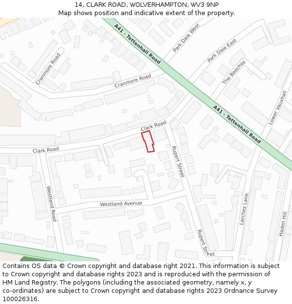 14, CLARK ROAD, WOLVERHAMPTON, WV3 9NP: Location map and indicative extent of plot