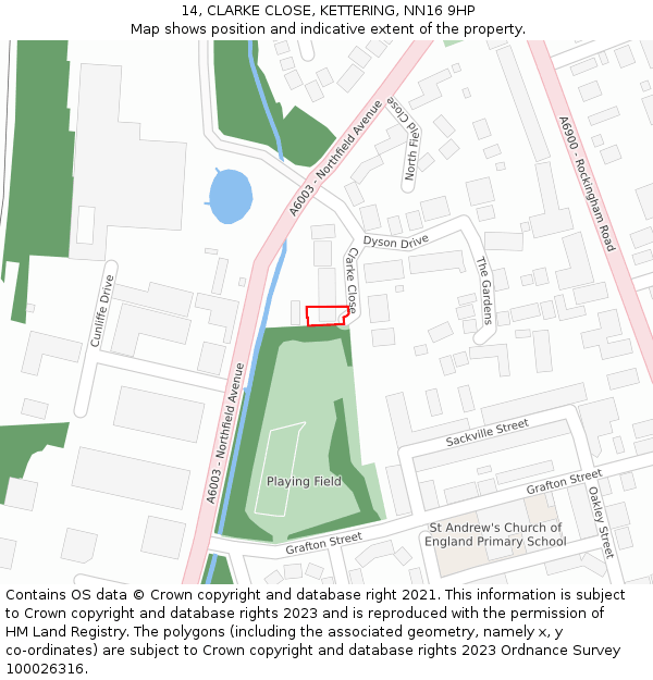 14, CLARKE CLOSE, KETTERING, NN16 9HP: Location map and indicative extent of plot