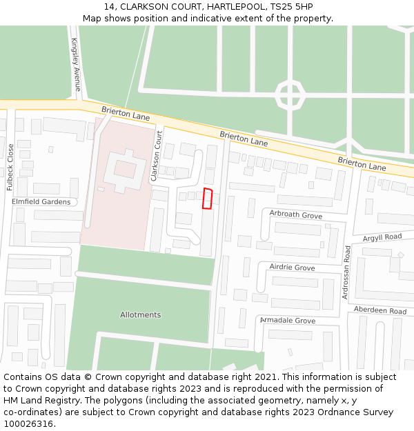 14, CLARKSON COURT, HARTLEPOOL, TS25 5HP: Location map and indicative extent of plot