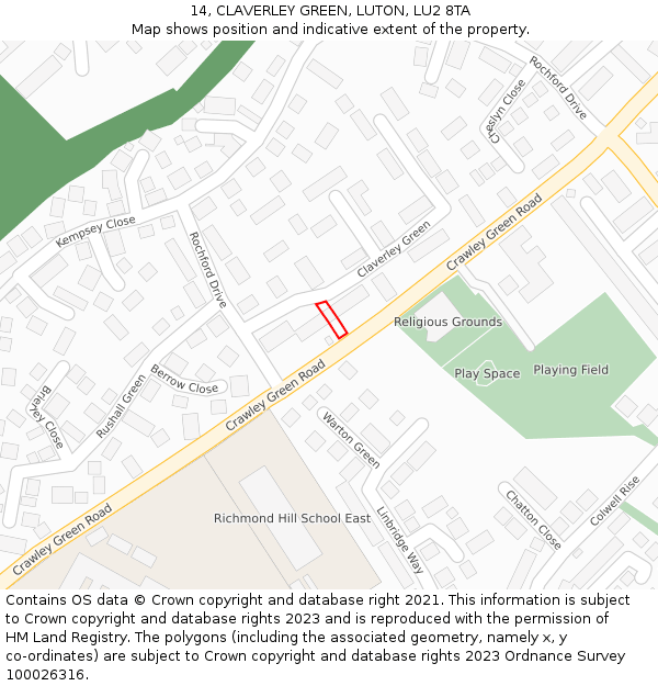 14, CLAVERLEY GREEN, LUTON, LU2 8TA: Location map and indicative extent of plot