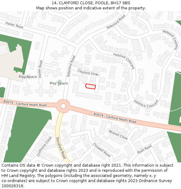 14, CLAYFORD CLOSE, POOLE, BH17 9BS: Location map and indicative extent of plot