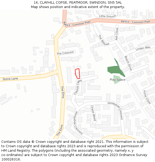 14, CLAYHILL COPSE, PEATMOOR, SWINDON, SN5 5AL: Location map and indicative extent of plot