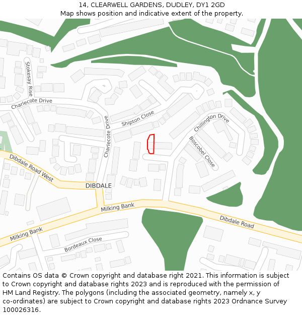 14, CLEARWELL GARDENS, DUDLEY, DY1 2GD: Location map and indicative extent of plot