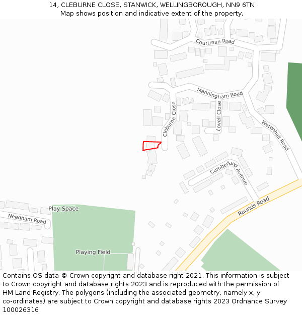 14, CLEBURNE CLOSE, STANWICK, WELLINGBOROUGH, NN9 6TN: Location map and indicative extent of plot