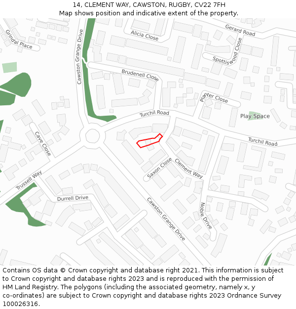 14, CLEMENT WAY, CAWSTON, RUGBY, CV22 7FH: Location map and indicative extent of plot
