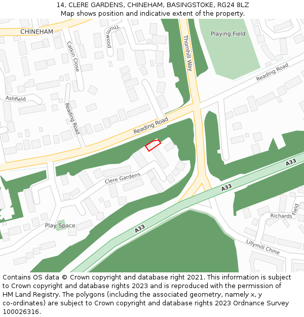 14, CLERE GARDENS, CHINEHAM, BASINGSTOKE, RG24 8LZ: Location map and indicative extent of plot