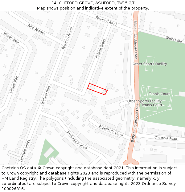 14, CLIFFORD GROVE, ASHFORD, TW15 2JT: Location map and indicative extent of plot