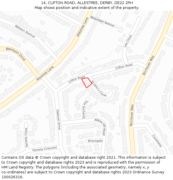 14, CLIFTON ROAD, ALLESTREE, DERBY, DE22 2PH: Location map and indicative extent of plot