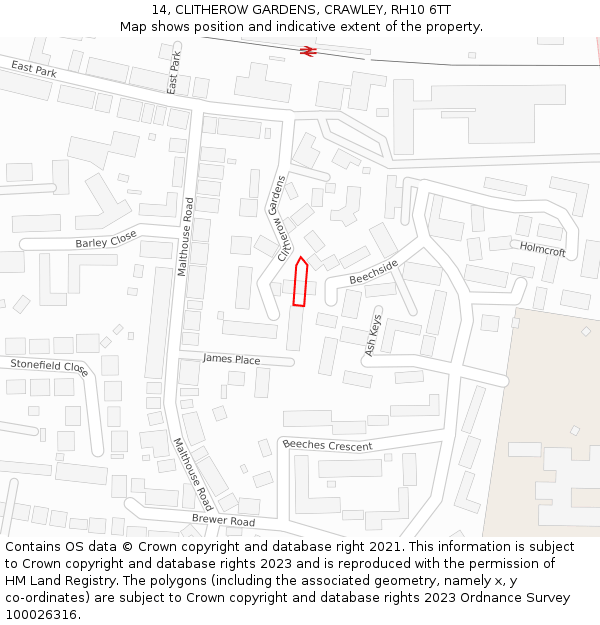 14, CLITHEROW GARDENS, CRAWLEY, RH10 6TT: Location map and indicative extent of plot