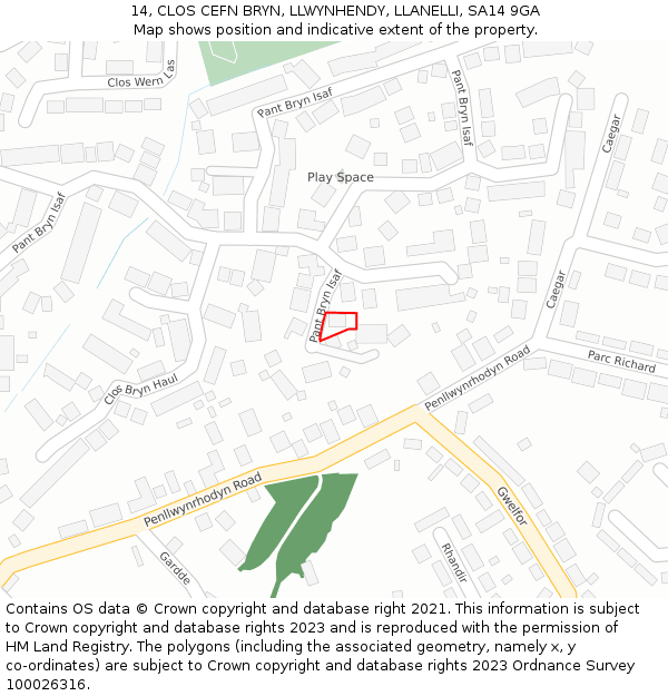 14, CLOS CEFN BRYN, LLWYNHENDY, LLANELLI, SA14 9GA: Location map and indicative extent of plot