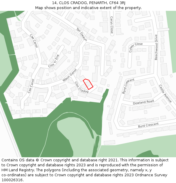 14, CLOS CRADOG, PENARTH, CF64 3RJ: Location map and indicative extent of plot