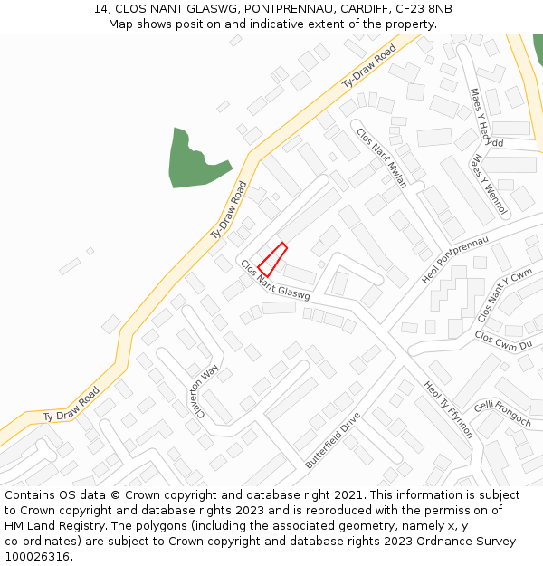 14, CLOS NANT GLASWG, PONTPRENNAU, CARDIFF, CF23 8NB: Location map and indicative extent of plot