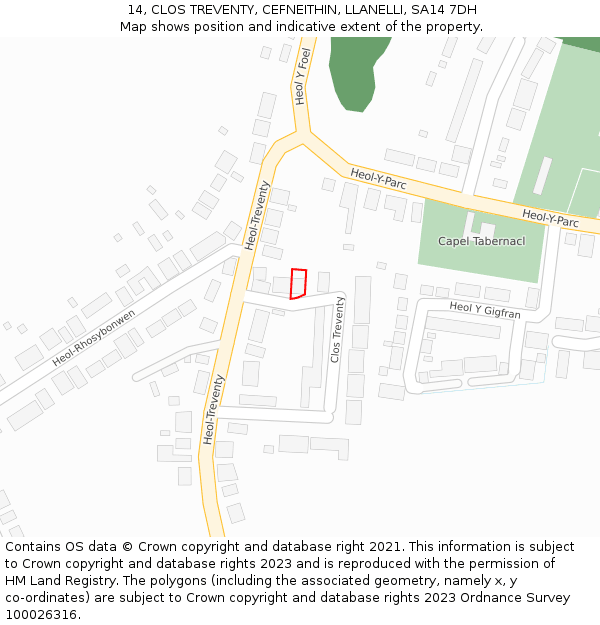 14, CLOS TREVENTY, CEFNEITHIN, LLANELLI, SA14 7DH: Location map and indicative extent of plot