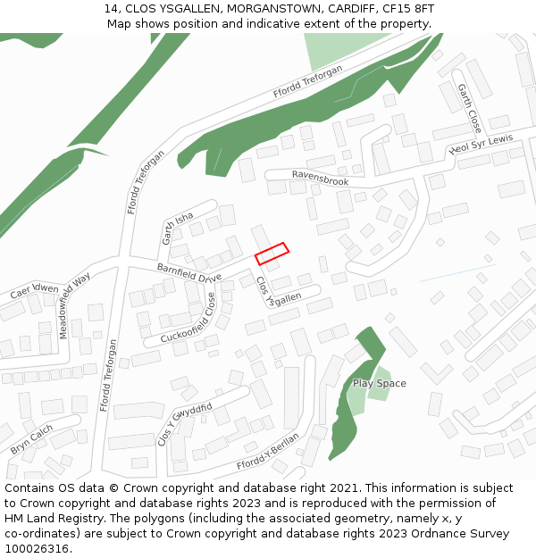 14, CLOS YSGALLEN, MORGANSTOWN, CARDIFF, CF15 8FT: Location map and indicative extent of plot