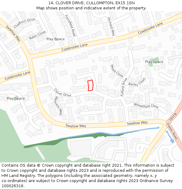 14, CLOVER DRIVE, CULLOMPTON, EX15 1SN: Location map and indicative extent of plot