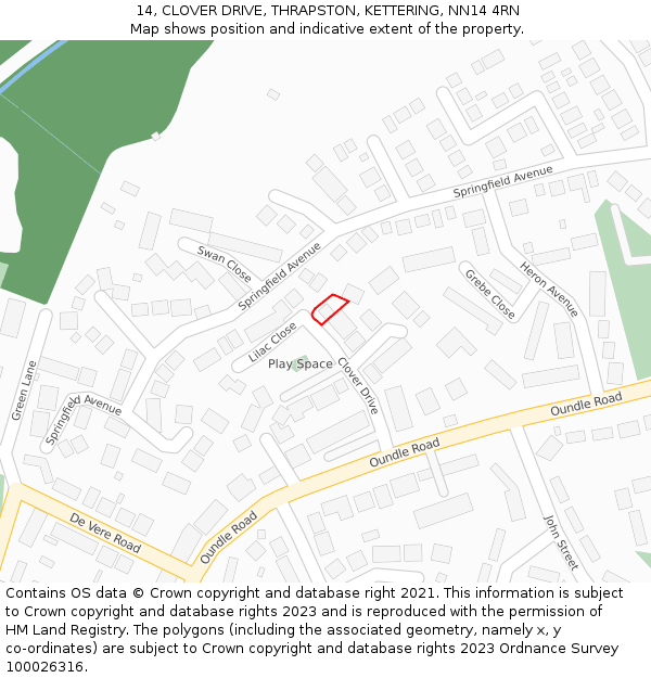 14, CLOVER DRIVE, THRAPSTON, KETTERING, NN14 4RN: Location map and indicative extent of plot