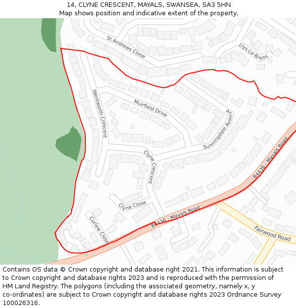 14, CLYNE CRESCENT, MAYALS, SWANSEA, SA3 5HN: Location map and indicative extent of plot