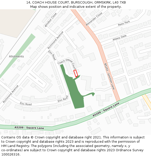 14, COACH HOUSE COURT, BURSCOUGH, ORMSKIRK, L40 7XB: Location map and indicative extent of plot