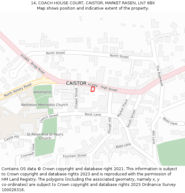 14, COACH HOUSE COURT, CAISTOR, MARKET RASEN, LN7 6BX: Location map and indicative extent of plot