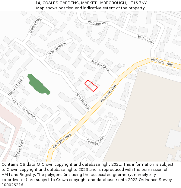 14, COALES GARDENS, MARKET HARBOROUGH, LE16 7NY: Location map and indicative extent of plot