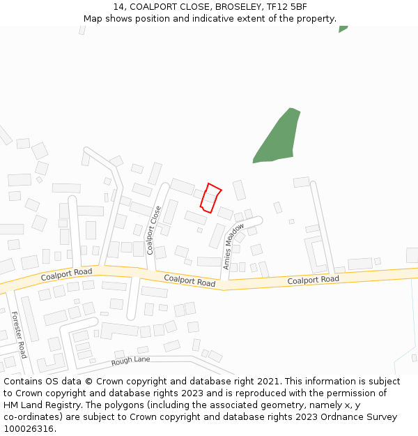 14, COALPORT CLOSE, BROSELEY, TF12 5BF: Location map and indicative extent of plot