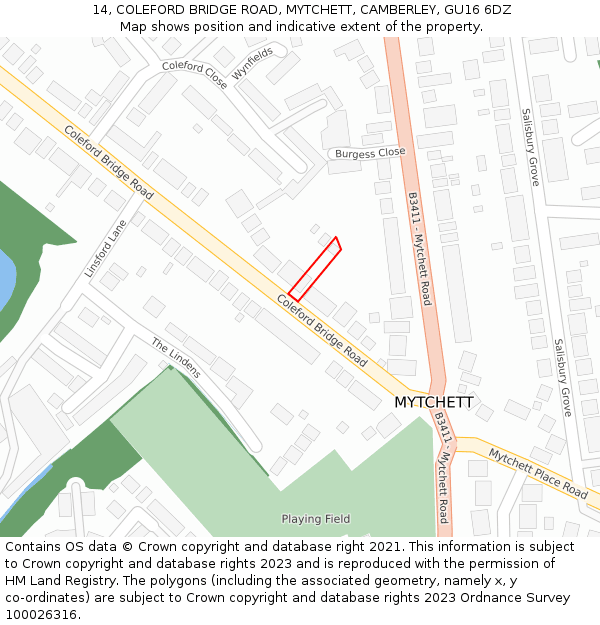 14, COLEFORD BRIDGE ROAD, MYTCHETT, CAMBERLEY, GU16 6DZ: Location map and indicative extent of plot