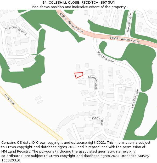 14, COLESHILL CLOSE, REDDITCH, B97 5UN: Location map and indicative extent of plot