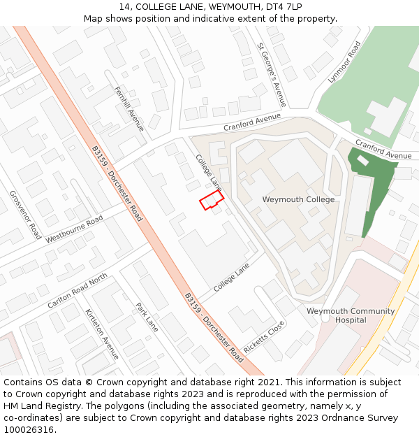 14, COLLEGE LANE, WEYMOUTH, DT4 7LP: Location map and indicative extent of plot