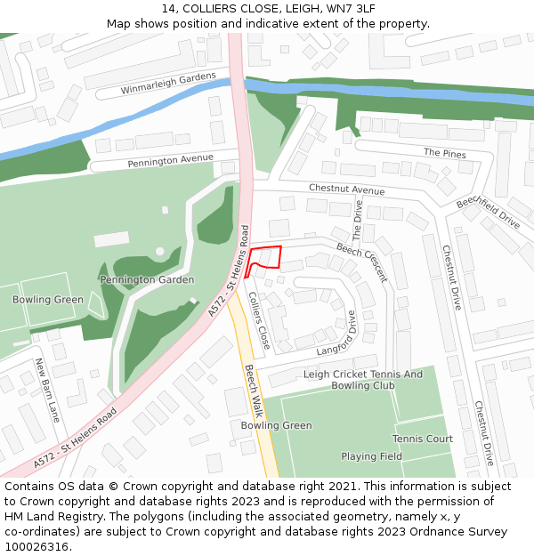 14, COLLIERS CLOSE, LEIGH, WN7 3LF: Location map and indicative extent of plot