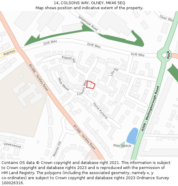 14, COLSONS WAY, OLNEY, MK46 5EQ: Location map and indicative extent of plot