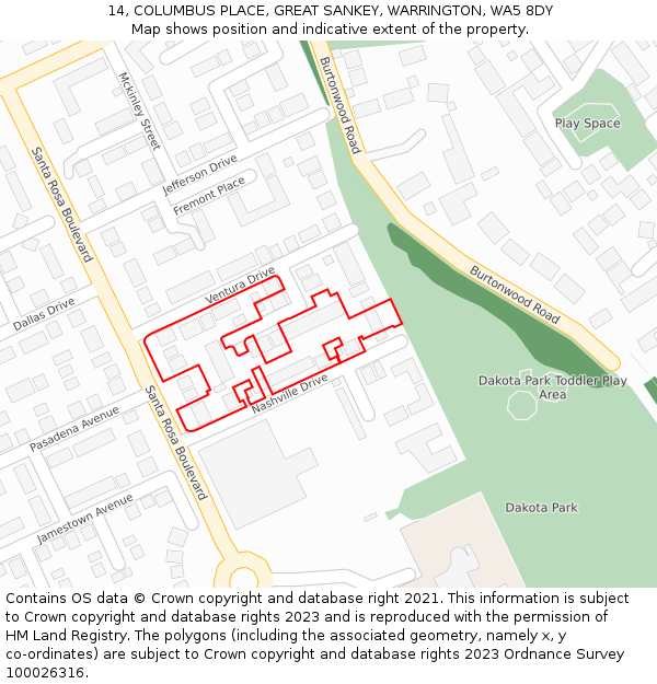 14, COLUMBUS PLACE, GREAT SANKEY, WARRINGTON, WA5 8DY: Location map and indicative extent of plot