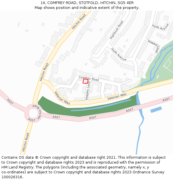 14, COMFREY ROAD, STOTFOLD, HITCHIN, SG5 4ER: Location map and indicative extent of plot