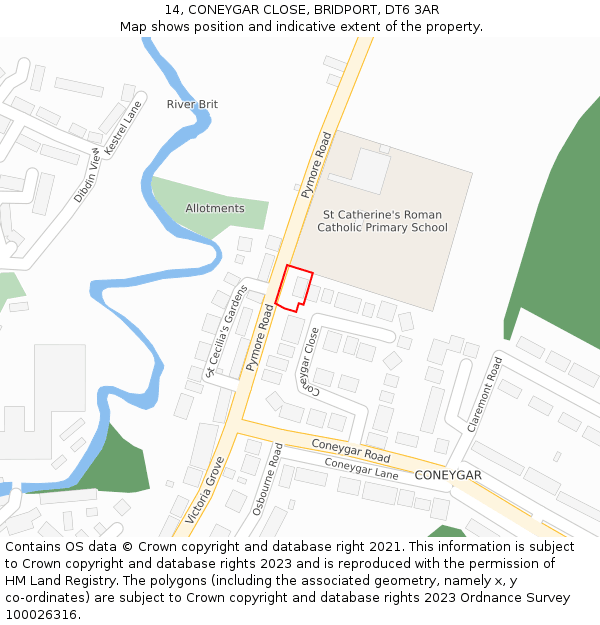 14, CONEYGAR CLOSE, BRIDPORT, DT6 3AR: Location map and indicative extent of plot