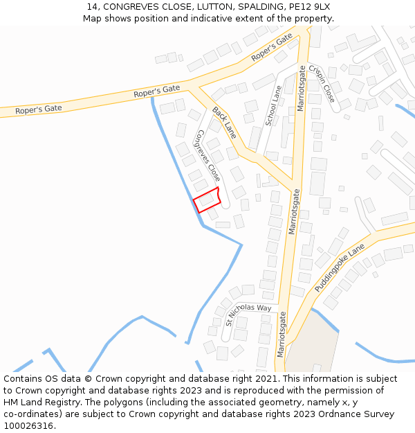 14, CONGREVES CLOSE, LUTTON, SPALDING, PE12 9LX: Location map and indicative extent of plot