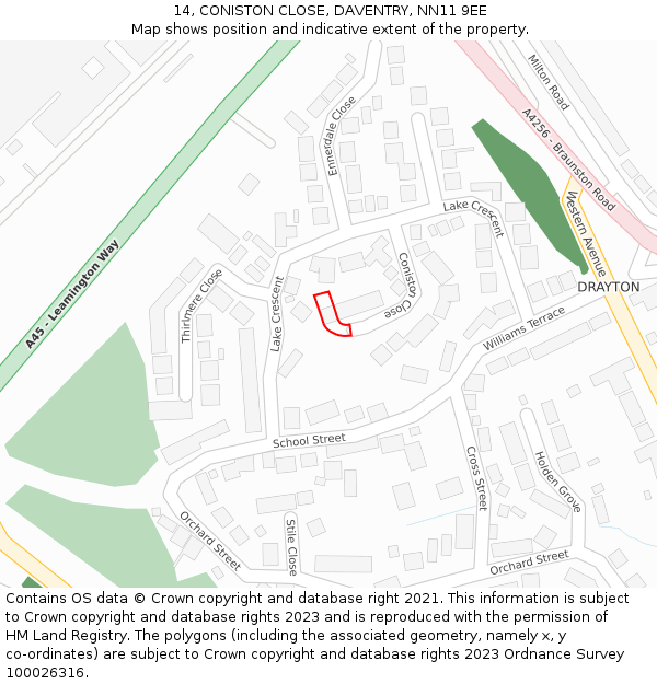 14, CONISTON CLOSE, DAVENTRY, NN11 9EE: Location map and indicative extent of plot