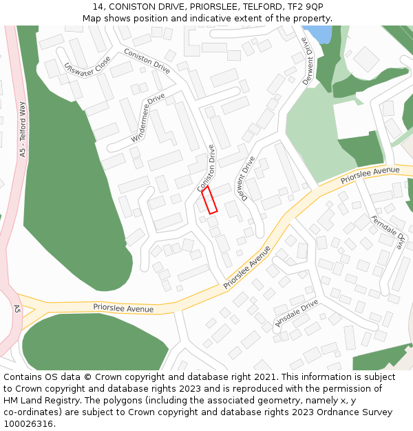 14, CONISTON DRIVE, PRIORSLEE, TELFORD, TF2 9QP: Location map and indicative extent of plot