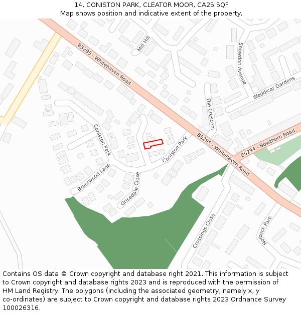 14, CONISTON PARK, CLEATOR MOOR, CA25 5QF: Location map and indicative extent of plot