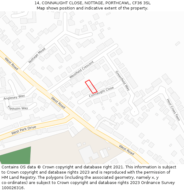 14, CONNAUGHT CLOSE, NOTTAGE, PORTHCAWL, CF36 3SL: Location map and indicative extent of plot