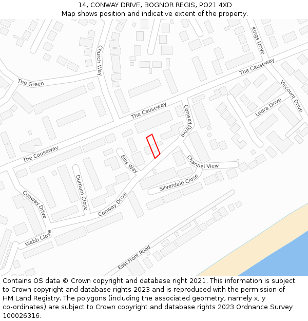 14, CONWAY DRIVE, BOGNOR REGIS, PO21 4XD: Location map and indicative extent of plot