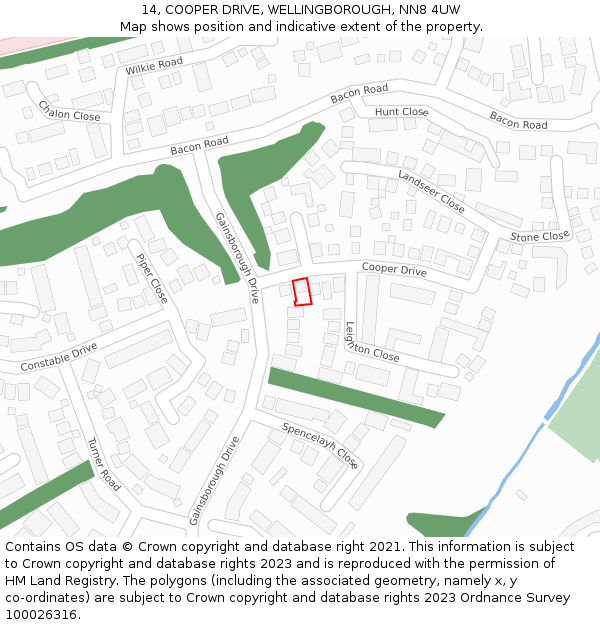 14, COOPER DRIVE, WELLINGBOROUGH, NN8 4UW: Location map and indicative extent of plot