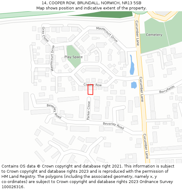 14, COOPER ROW, BRUNDALL, NORWICH, NR13 5SB: Location map and indicative extent of plot
