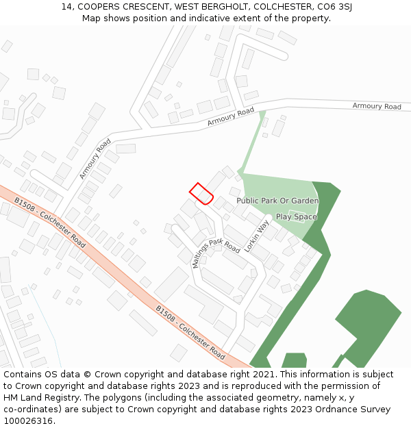 14, COOPERS CRESCENT, WEST BERGHOLT, COLCHESTER, CO6 3SJ: Location map and indicative extent of plot