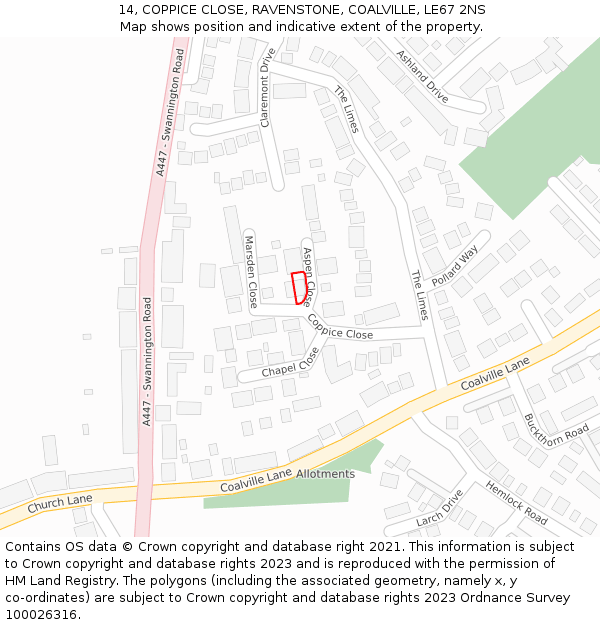 14, COPPICE CLOSE, RAVENSTONE, COALVILLE, LE67 2NS: Location map and indicative extent of plot