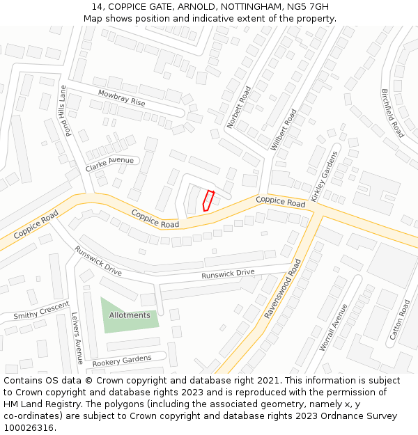 14, COPPICE GATE, ARNOLD, NOTTINGHAM, NG5 7GH: Location map and indicative extent of plot