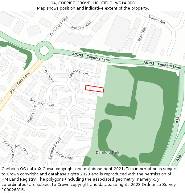 14, COPPICE GROVE, LICHFIELD, WS14 9PR: Location map and indicative extent of plot