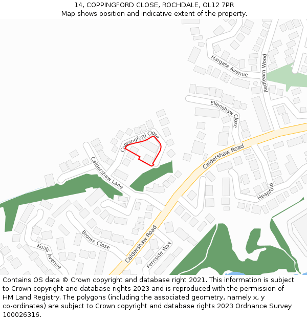 14, COPPINGFORD CLOSE, ROCHDALE, OL12 7PR: Location map and indicative extent of plot