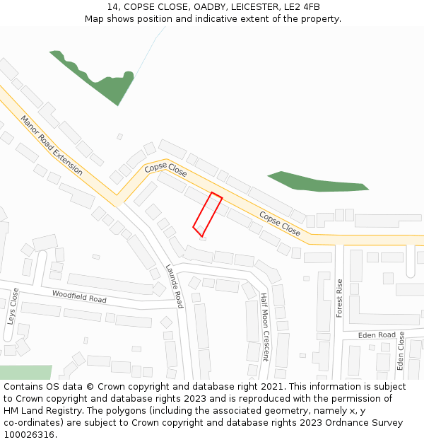 14, COPSE CLOSE, OADBY, LEICESTER, LE2 4FB: Location map and indicative extent of plot